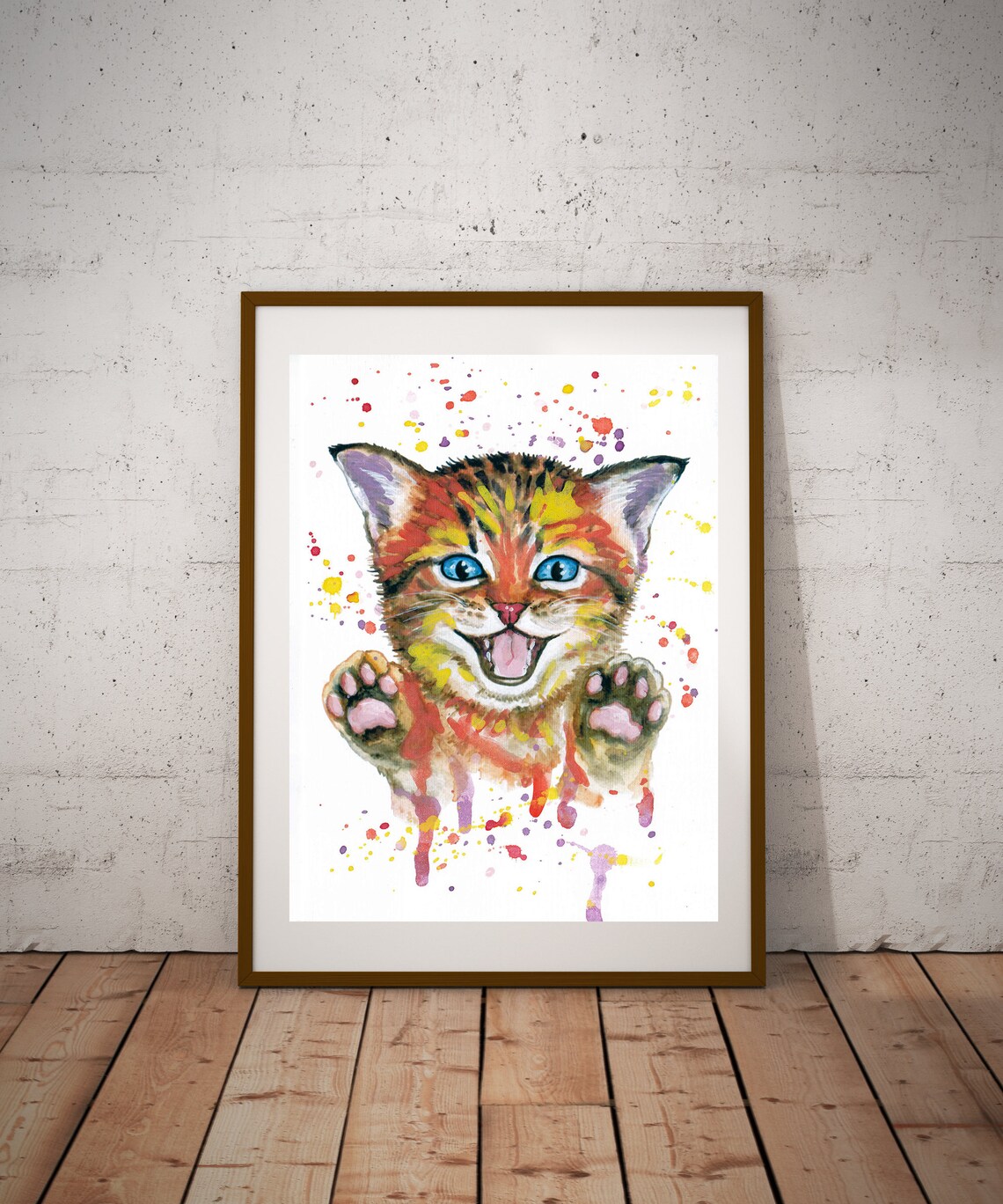 Happy Orange Kitten Blue Eyes Playful Watercolor Pet Art Poster