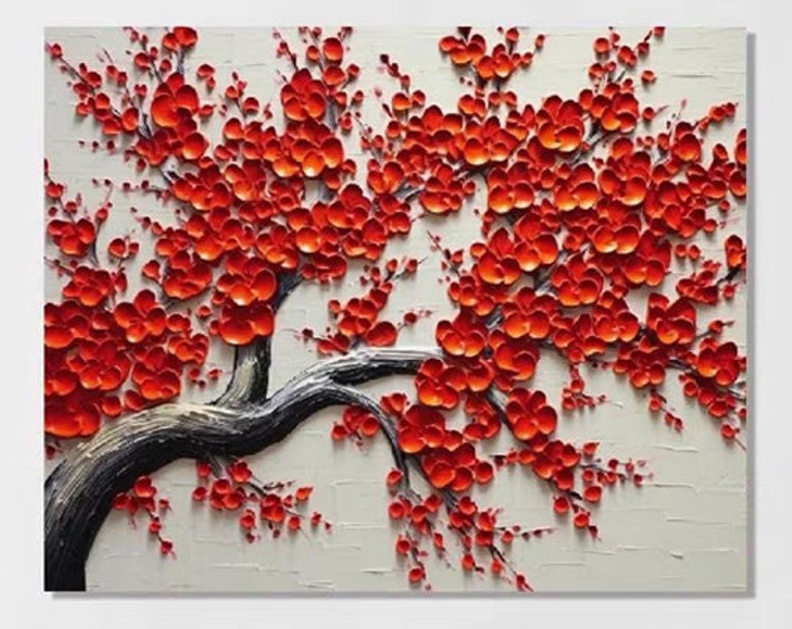 Red Blossom Tree Black Branch Sculpted 3D Floral Oil Painting Poster