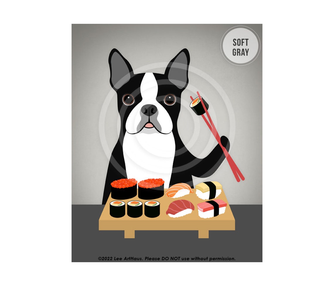 Boston Terrier Eating Sushi Chopsticks Platter Funny Foodie Poster - Image 3