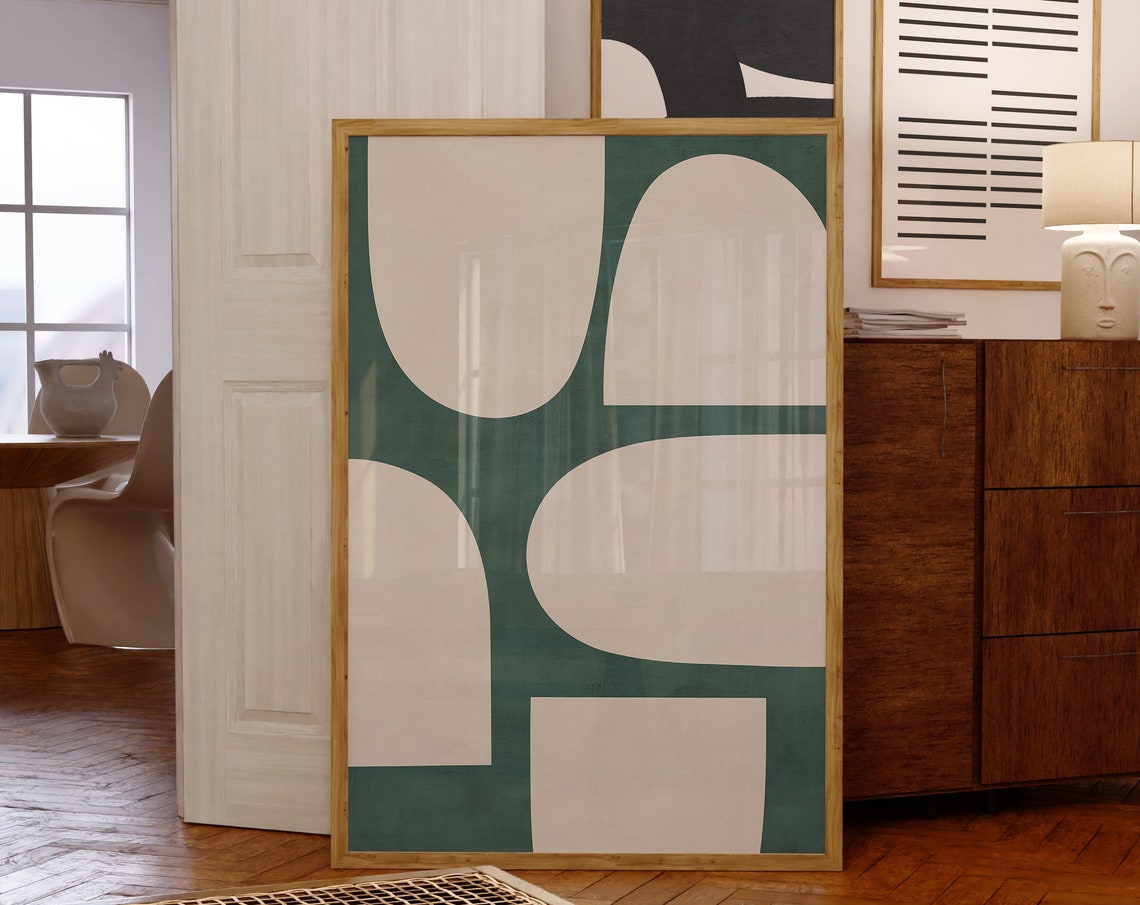 Teal Arches on Warm Beige Mid Century Geometric Shape Art Poster