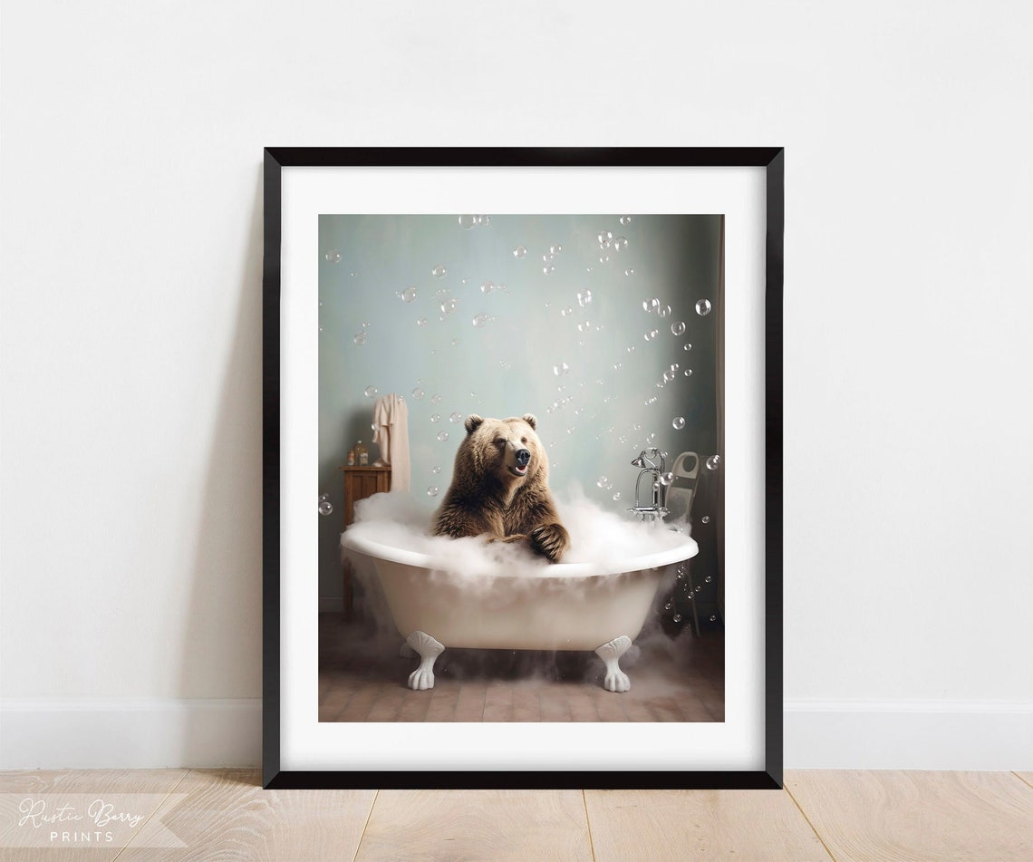 Grizzly Bear In A Bubble Bath Wall Art Clawfoot Tub Home Decor Bathroom Decor Cute Funny Instant