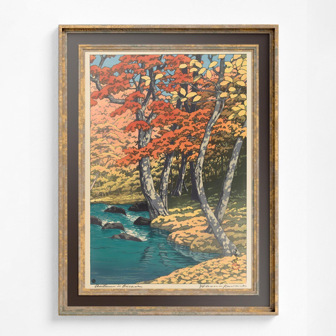 Autumn Woodblock Print, Japanese Vintage Nature Scenery
