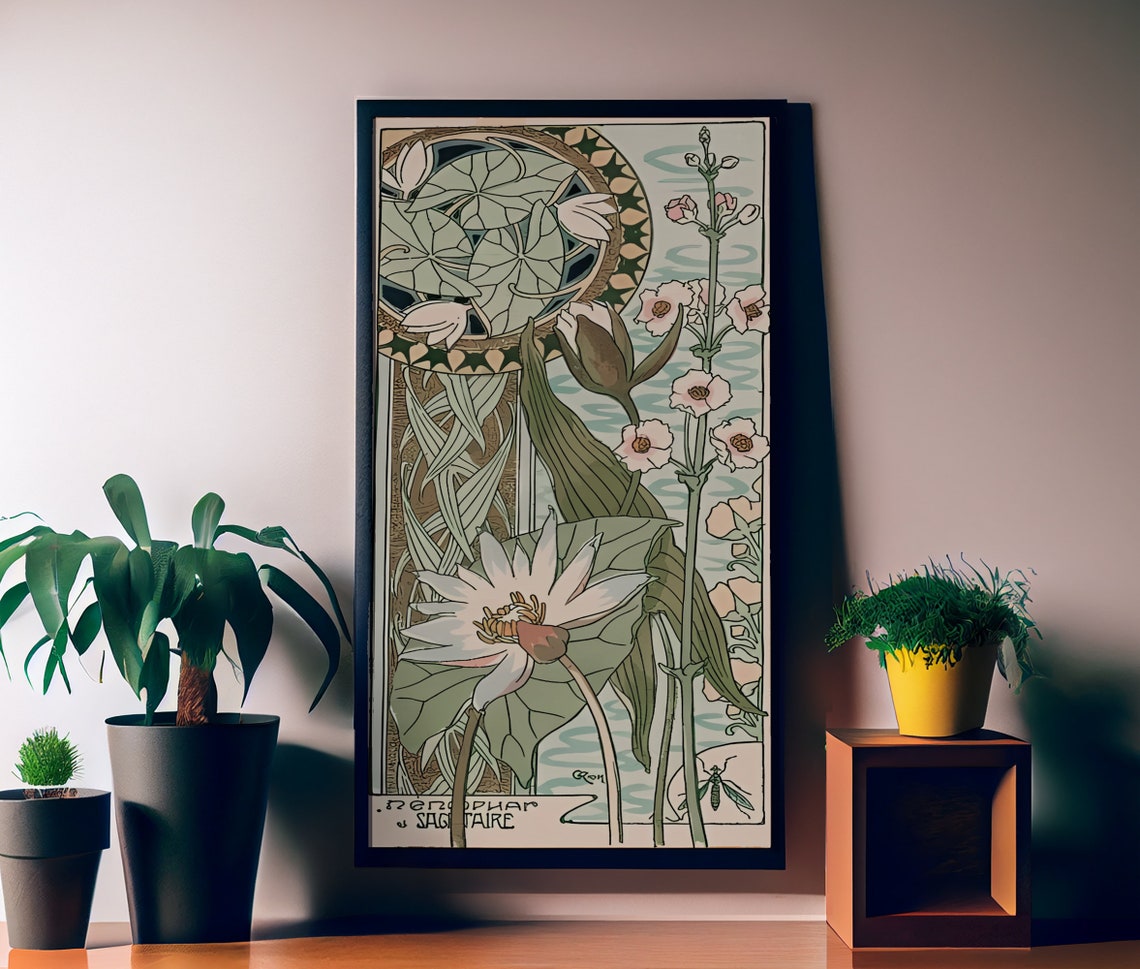Floral Art Nouveau Bohemian Art Print, Blue and Green