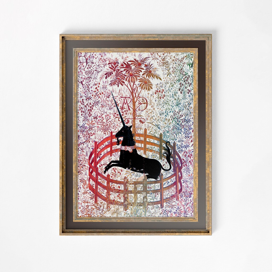 Medieval Unicorn Rainbow Floral Wall Art Print