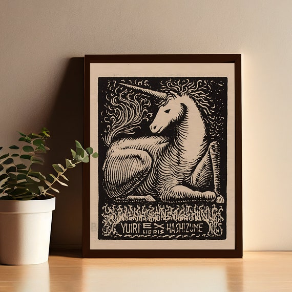 Vintage Unicorn Exlibris Antique Art Print