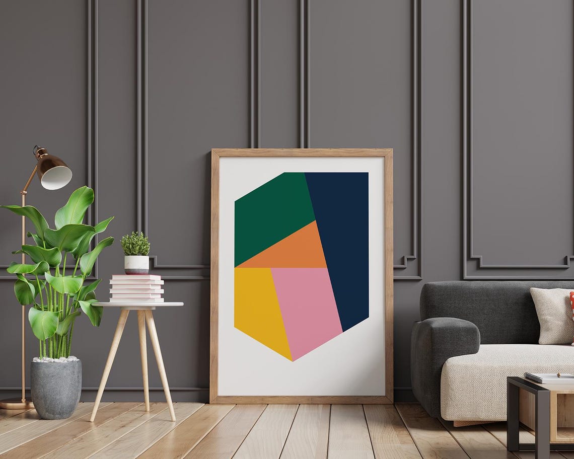 Navy Green Orange Yellow Pink Geometric Polygon Abstract Print - Image 2