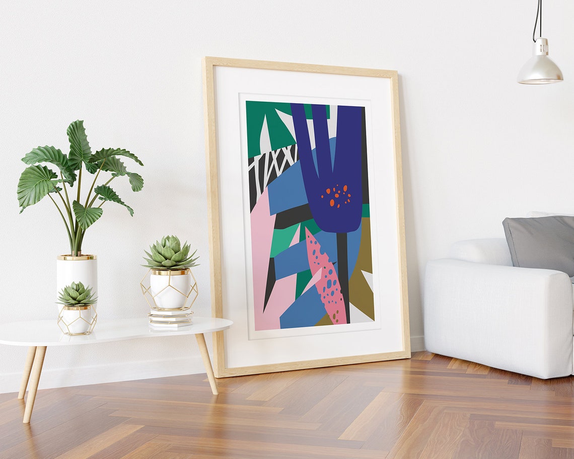 Navy Blue Flower With Pink And Blue Geometric Leaves Art Poster - Image 3
