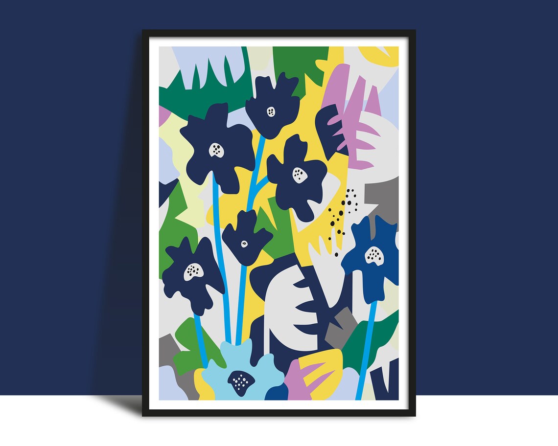Dark Navy Flowers With Yellow Pink And Green Collage Art Poster