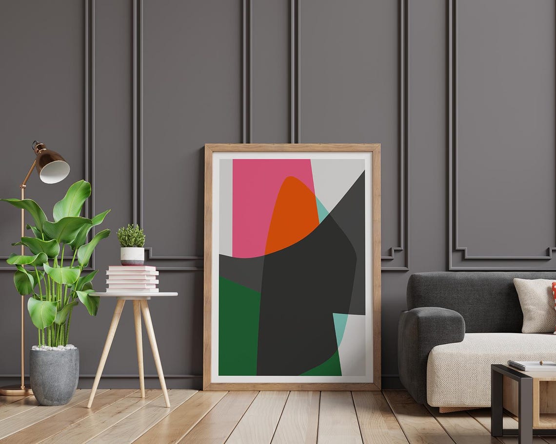 Pink Orange Green Charcoal Curved Geometric Shapes Abstract Print - Image 2