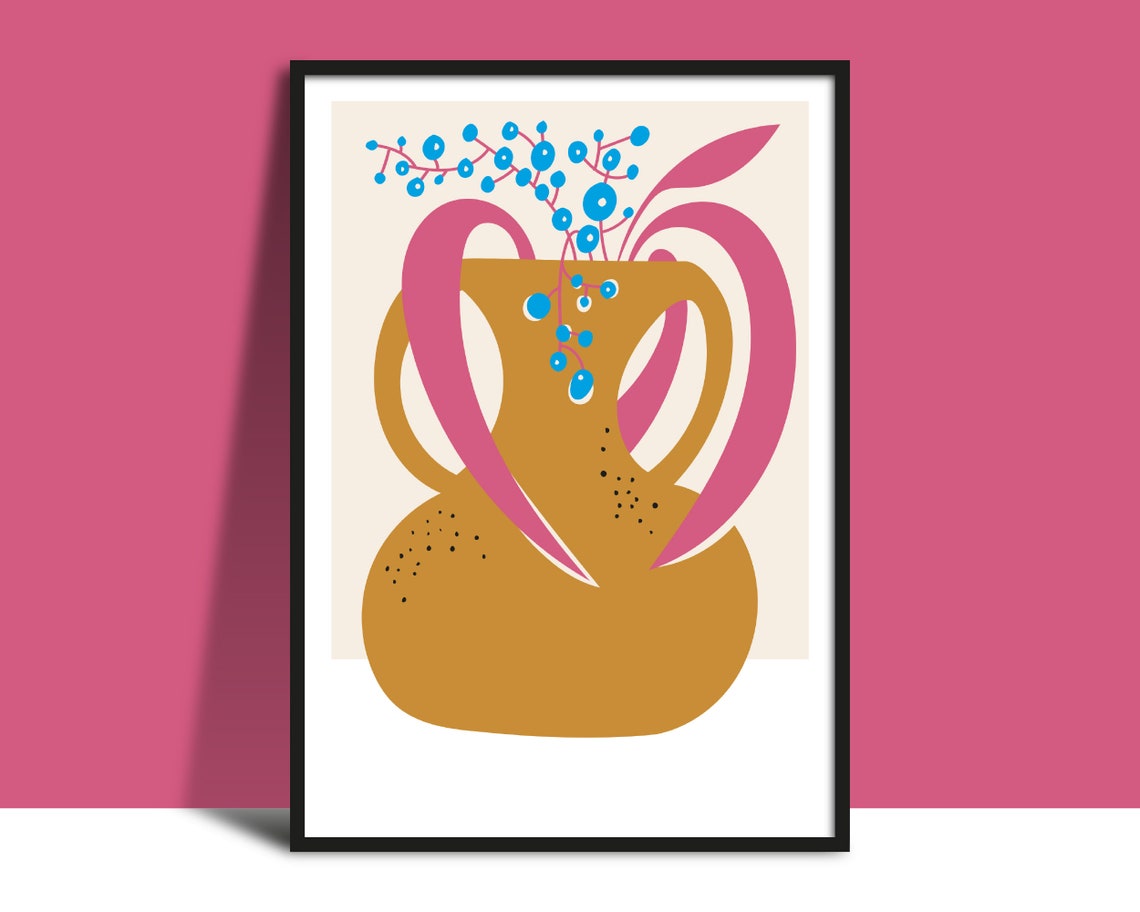 Brown Vase With Pink Leaves and Blue Berries Still Life Art Poster