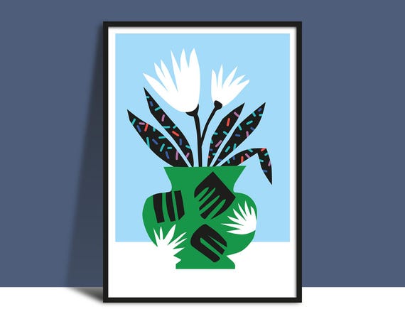 Printable Green Vase White Flowers Wall Art Instant Bold Flat Illustration Botanical Poster Plant Leaves Graphic Design Poster