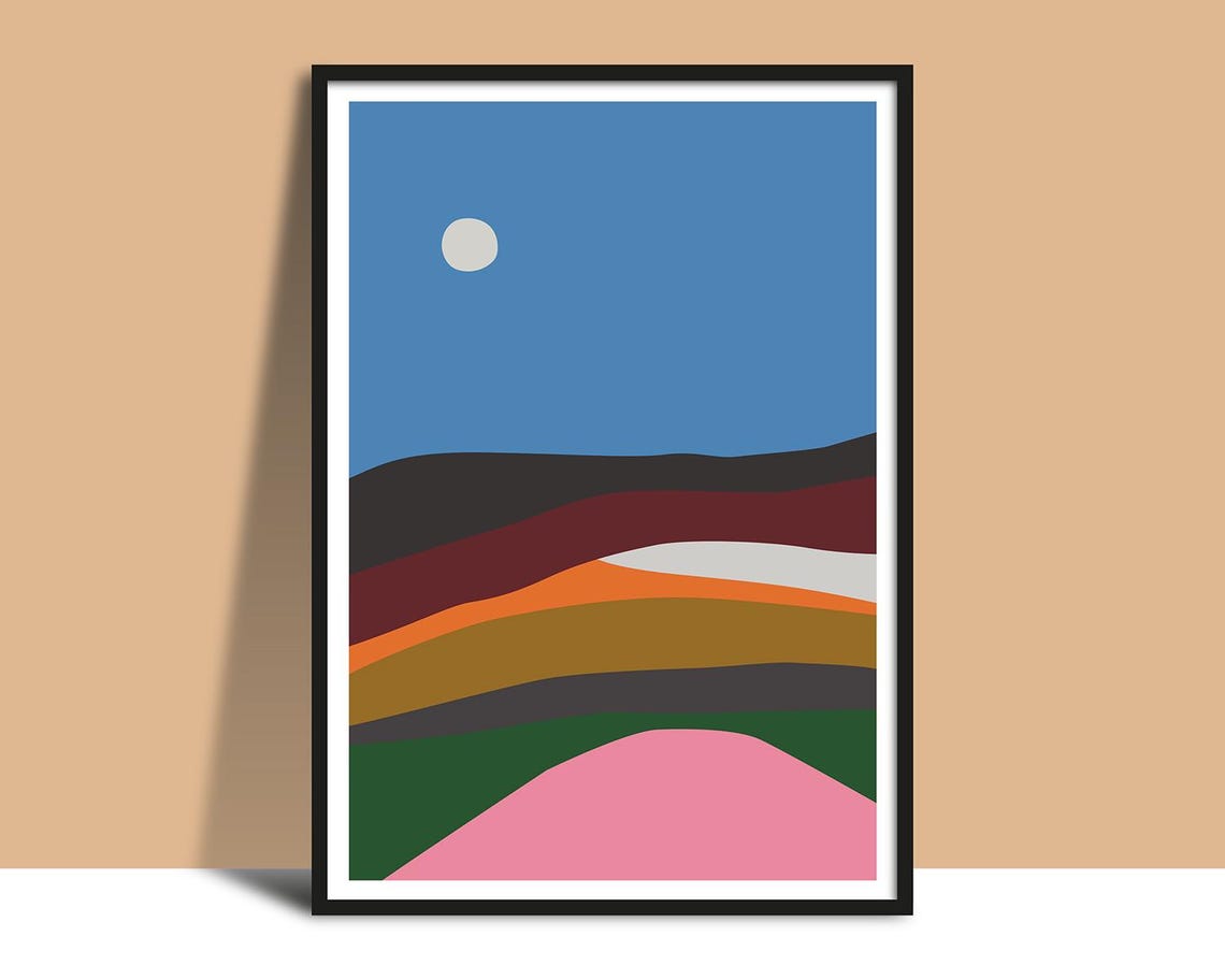 Moonlit Layered Hills Color Bands Minimal Night Landscape Poster