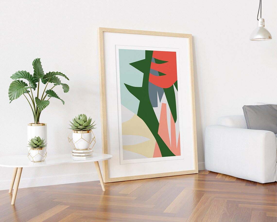 Bold Green and Coral Abstract Leaves Modern Botanical Poster - Image 3