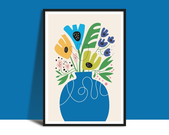 Instant Blue Vase Mixed Flowers Wall Art Print Bold Colorful Illustration Botanical Printable Happy Floral Wall Decor