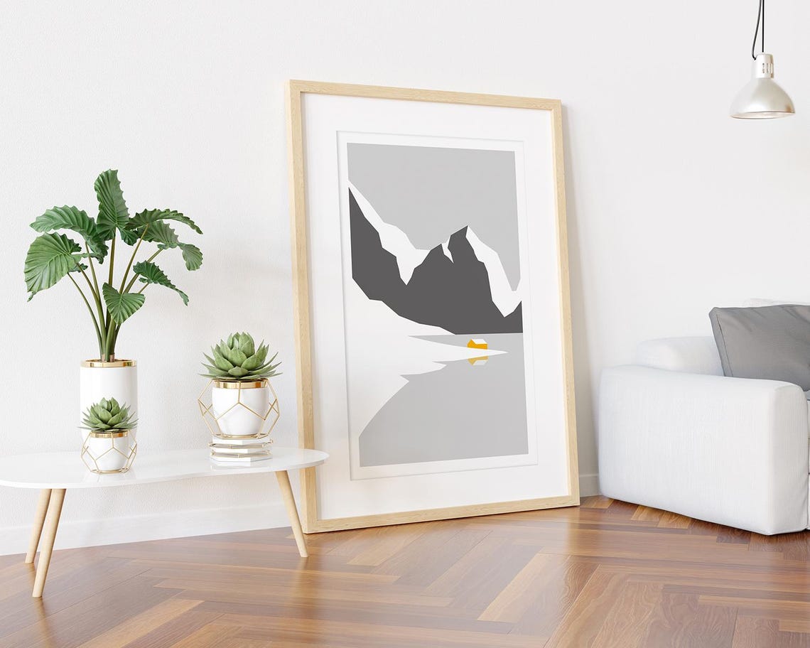 Snowy Mountain Peak Tiny Yellow Cabin Minimal Winter Wall Art - Image 3