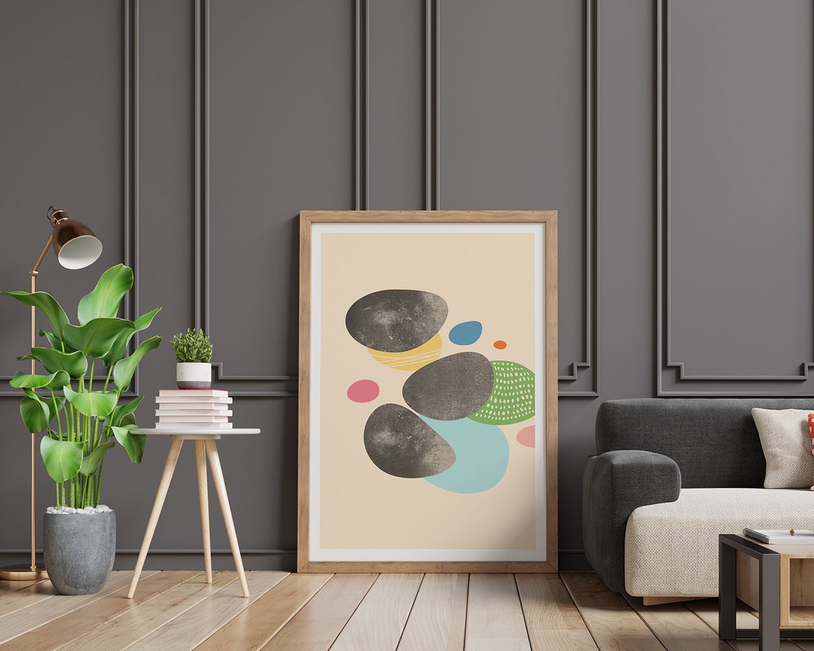 Smooth Gray Pebbles on Sand with Pastel Shapes Abstract Art Poster - Image 2