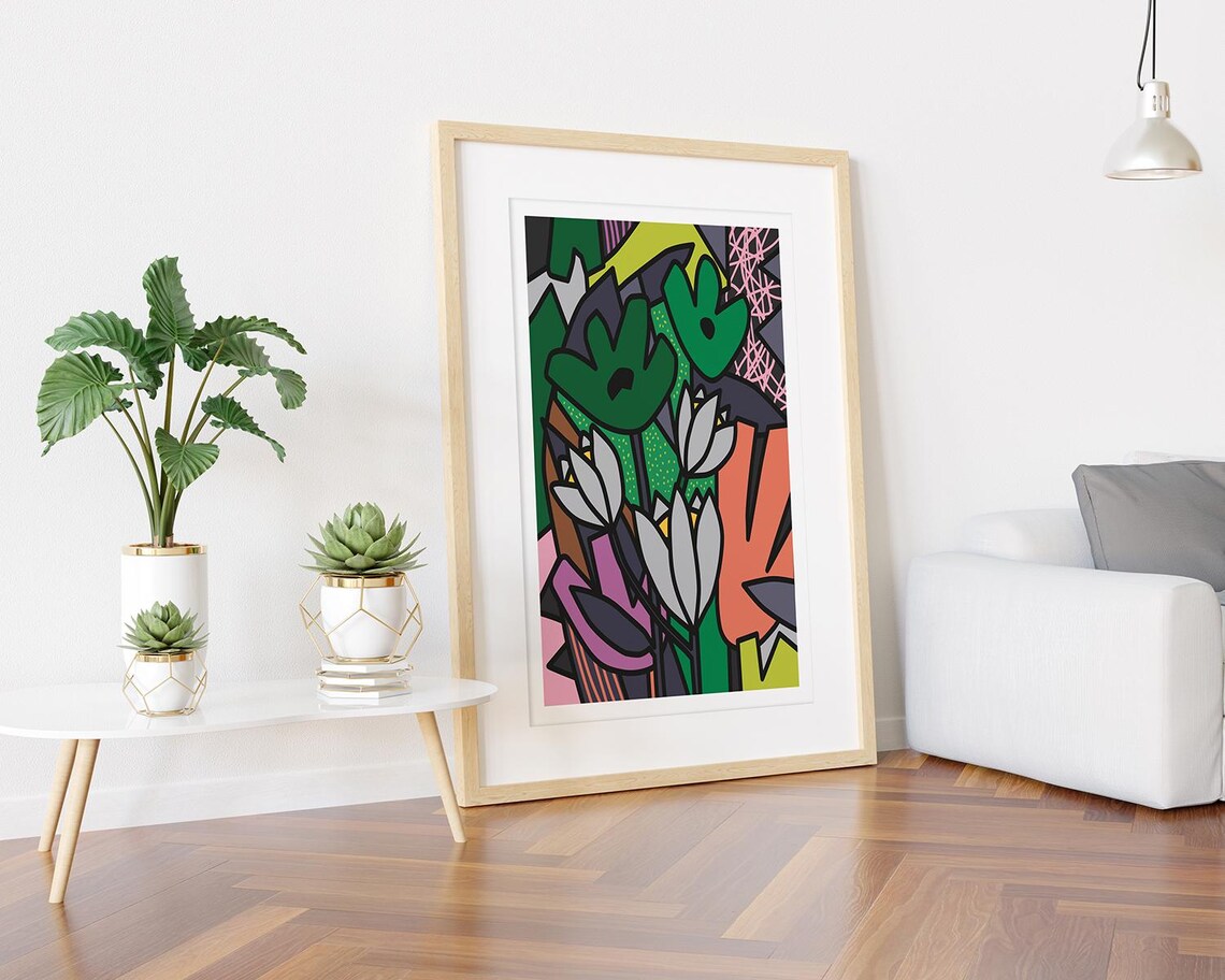 Pop Art Floral Collage Green Tulips Bold Outlines Graphic Print - Image 3