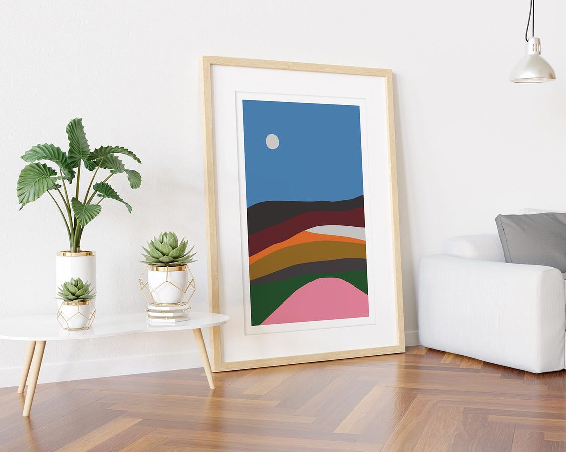 Moonlit Layered Hills Color Bands Minimal Night Landscape Poster - Image 3