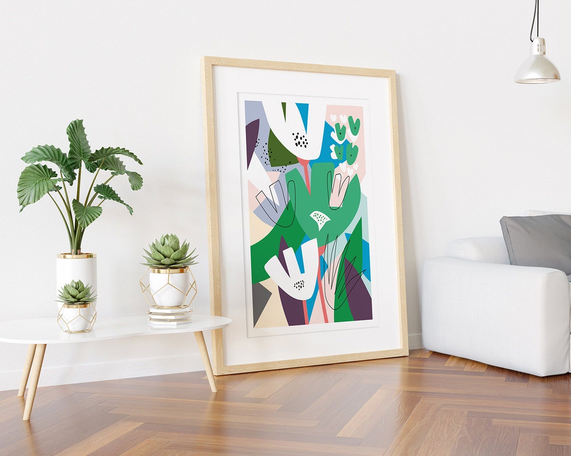 White and Pink Blossoms in Green Blue Abstract Garden Poster - Image 3