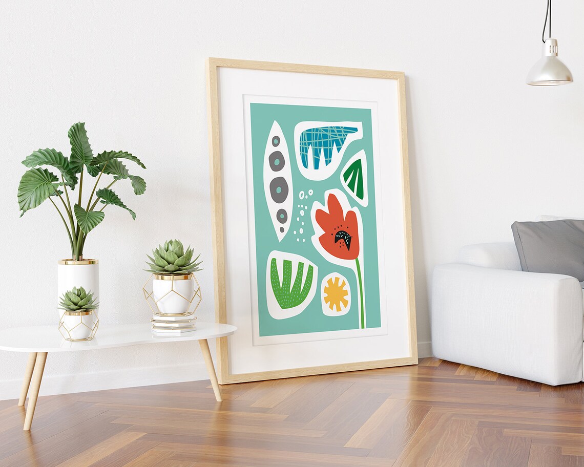 Coral Poppy And Seed Pods Papercut Collage On Mint Art Poster - Image 3