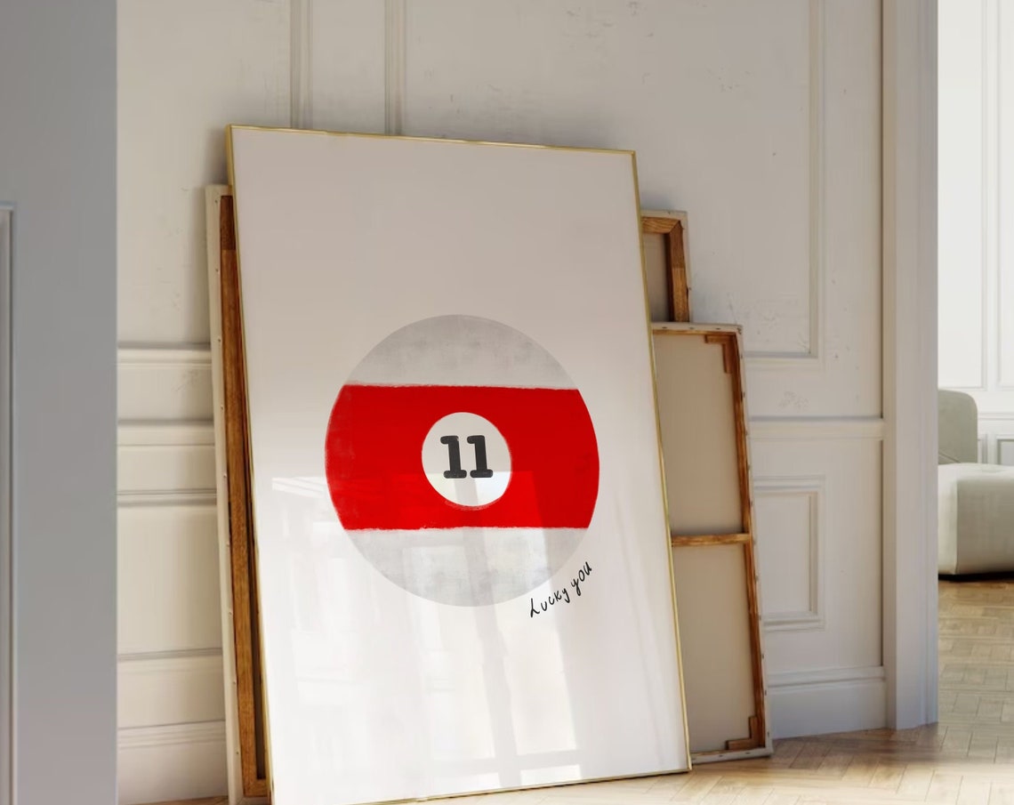 Lucky You Number 11 Red Pool Ball Hand Drawn Trendy Retro Wall Art
