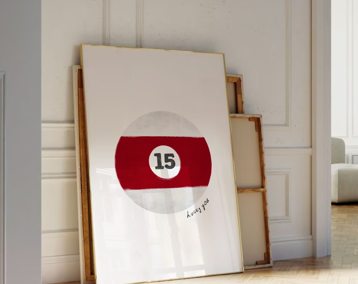 Lucky You Number 15 Red Pool Ball Hand Drawn Trendy Retro Wall Art
