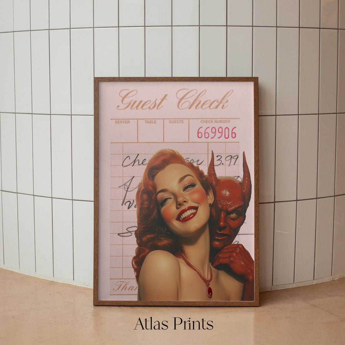 Vintage Pin Up Girl and Red Devil Retro Guest Check Halloween Poster - Image 2