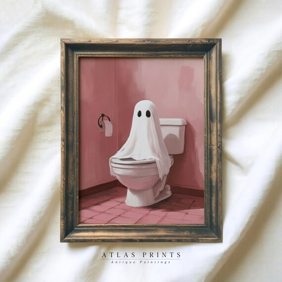 Funny Ghost Sitting On Toilet Pink Bathroom Halloween Painting Poster