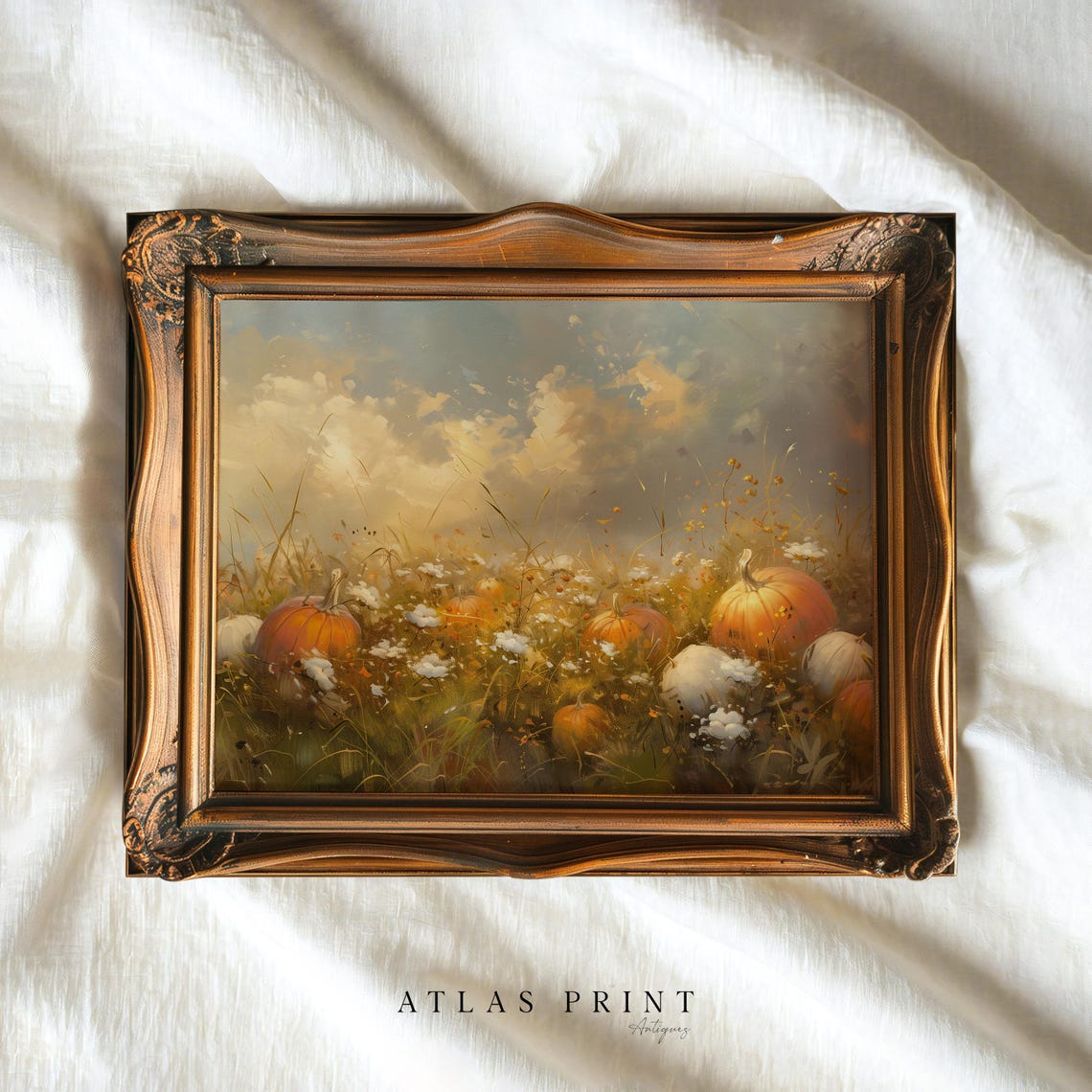 Pumpkins In Wildflower Meadow Sunset Fall Harvest Painting Poster