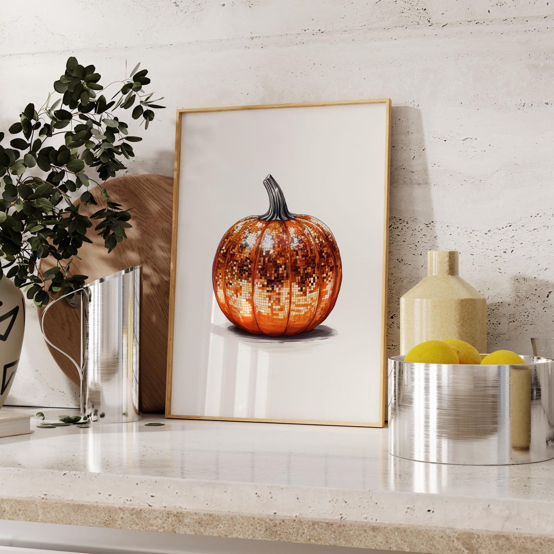 Disco Ball Pumpkin Copper Glam Halloween Fall Party Wall Art