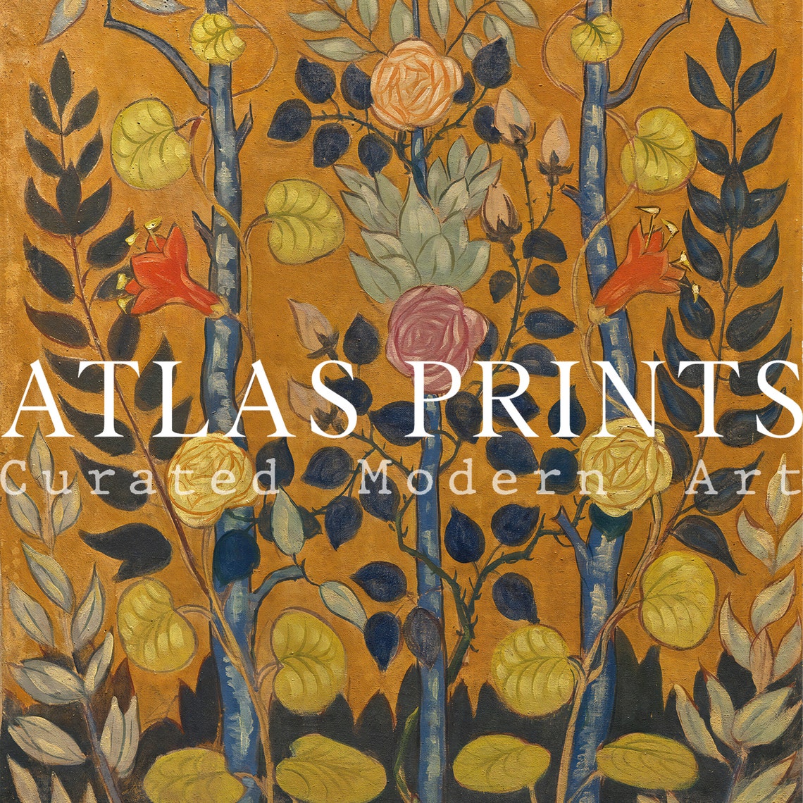 Vintage Folk Art Botanical Gold Ground Stylized Floral Forest Poster - Image 2