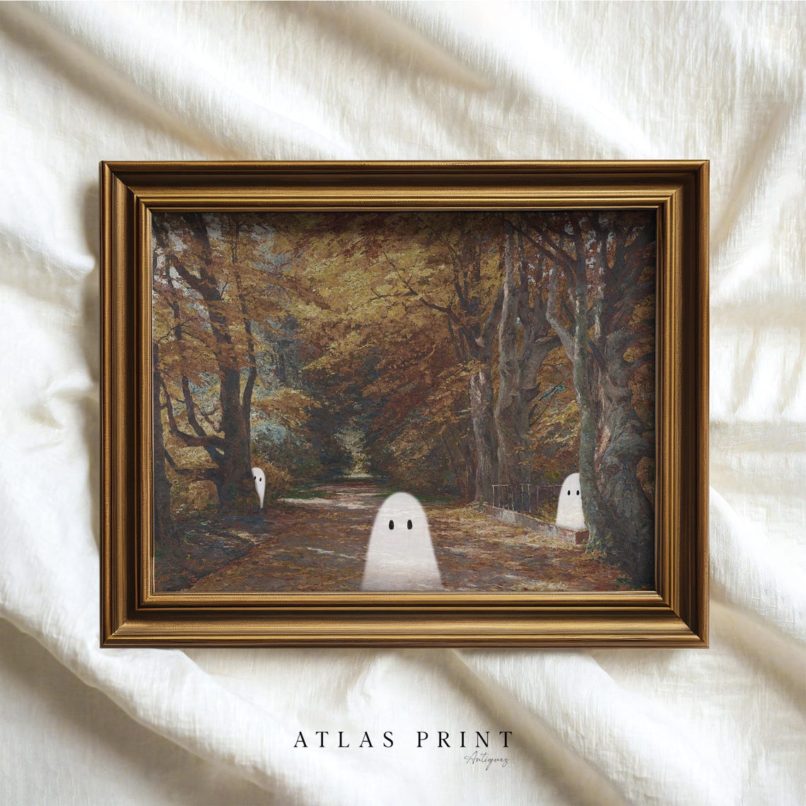 Three Cute Ghosts On An Autumn Forest Path Vintage Style Poster - Image 4