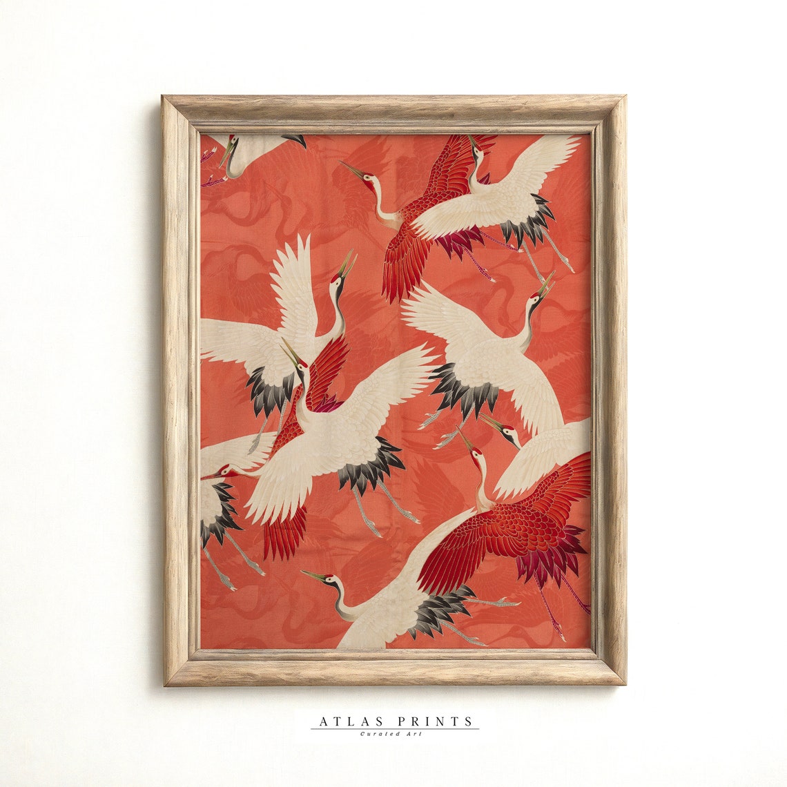 Vintage Red Crane Japanese Kimono Textile White Bird Flight Poster