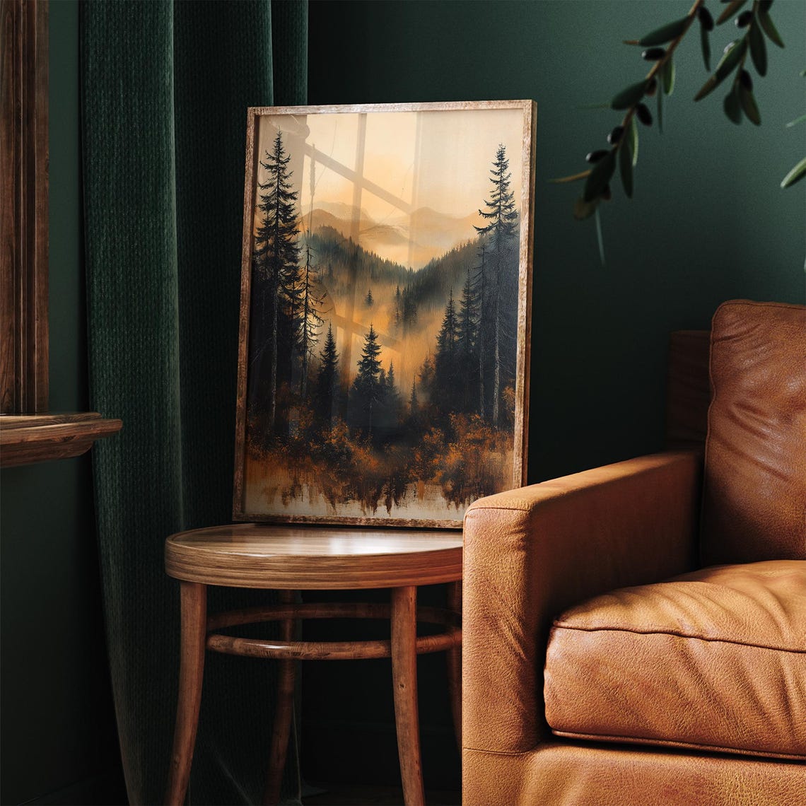 Moody Autumn Forest Misty Mountains Golden Pines Painting Wall Art - Image 2