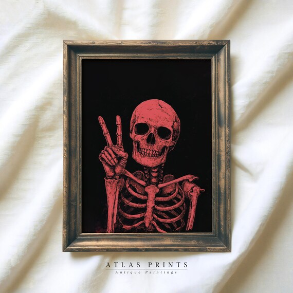 Pink Skeleton Peace Sign Retro Halloween Spooky Fun Wall Art
