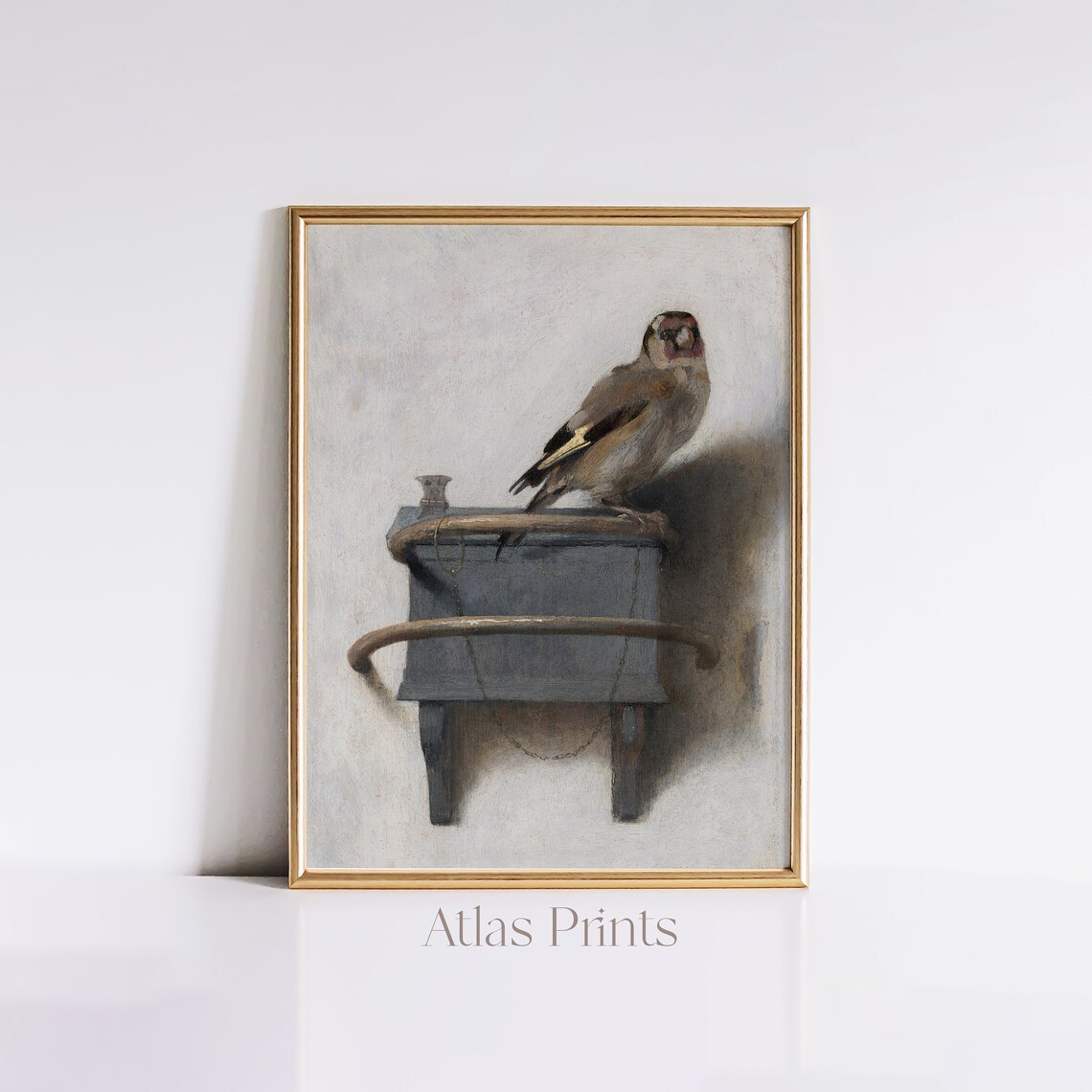 Antique Goldfinch Perched On Feeder Vintage Bird Oil Painting Poster