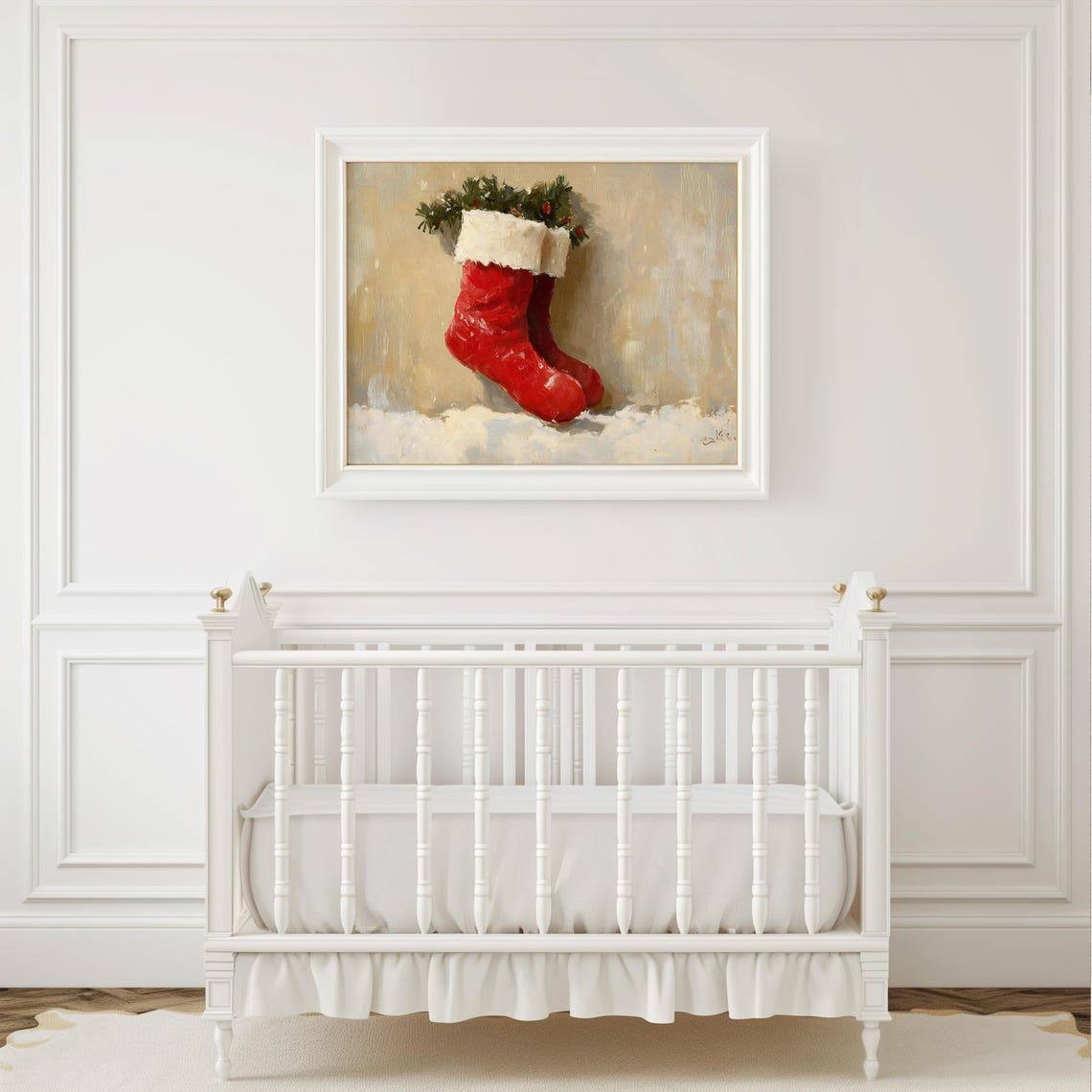 Red Christmas Stocking With Greenery Vintage Farmhouse Oil Poster - Image 4