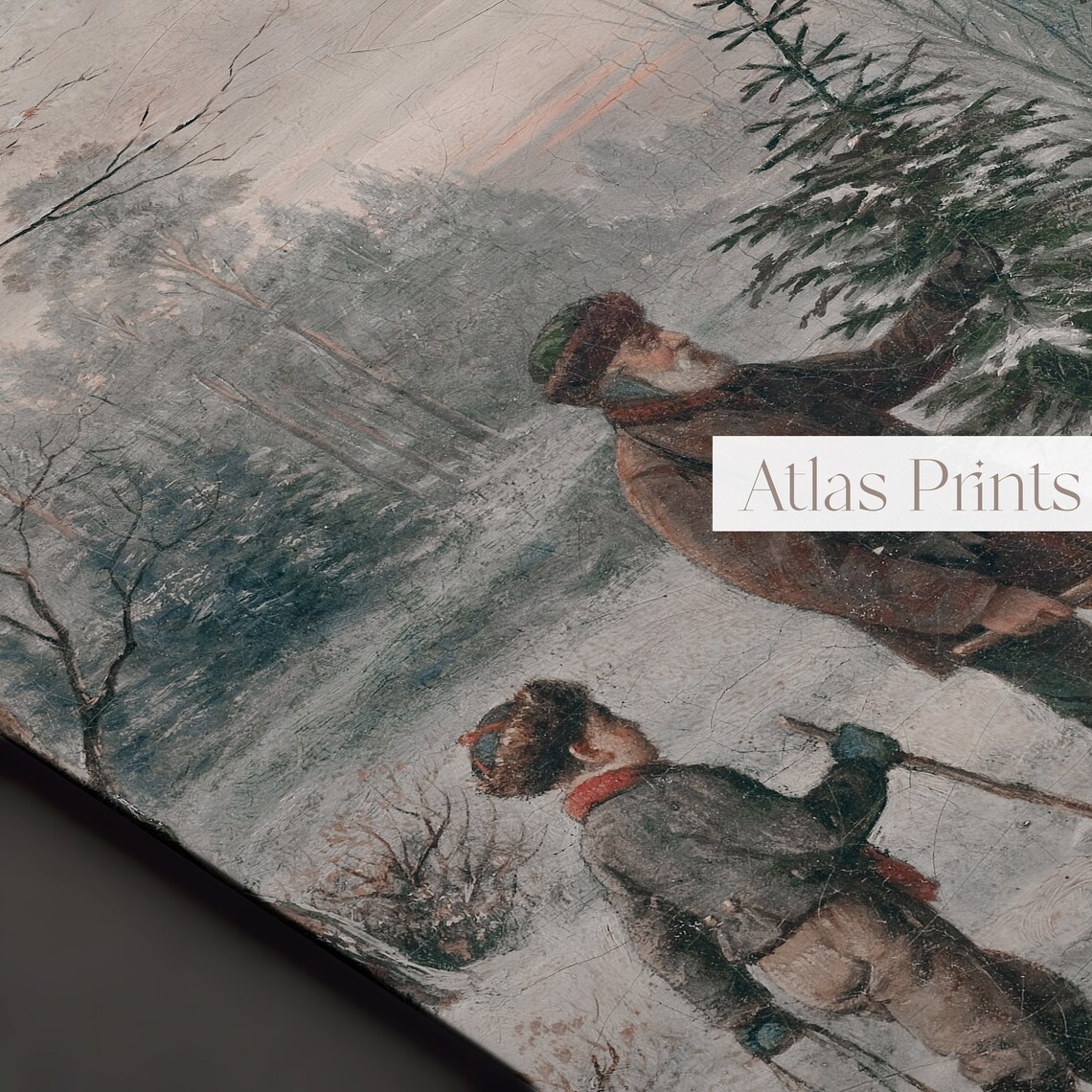 Vintage Winter Forest Painting Man Boy Cutting Christmas Tree Poster - Image 3