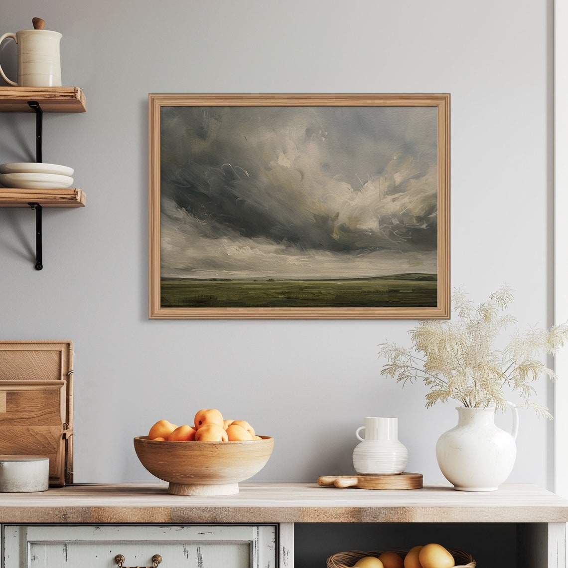 Moody Vintage Stormy Sky Over Green Pasture Landscape Painting Poster - Image 4