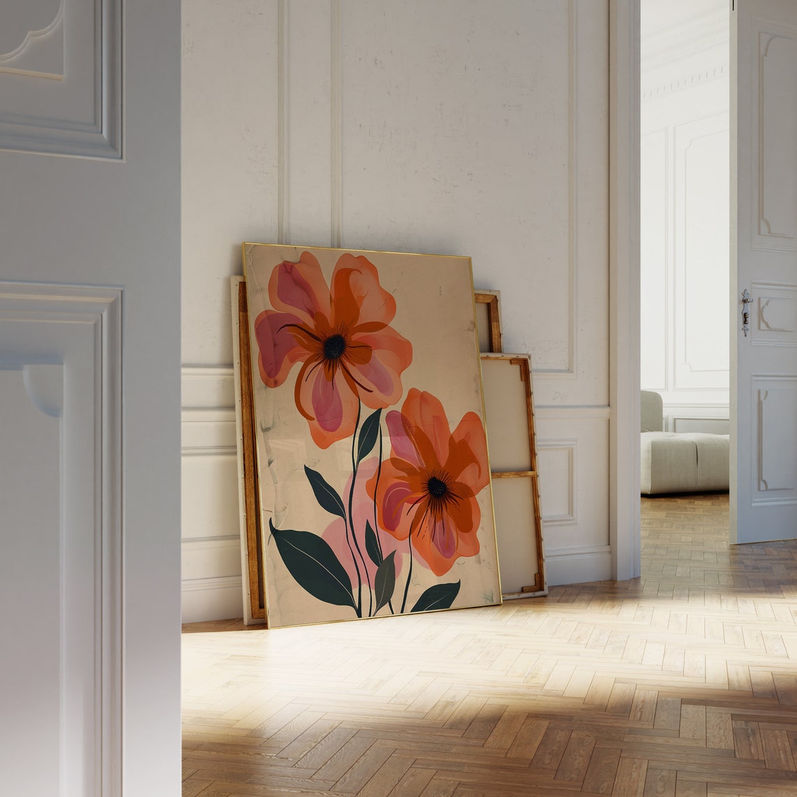 Boho Abstract Poppy Flower Art Orange Pink Modern Botanical Poster - Image 2