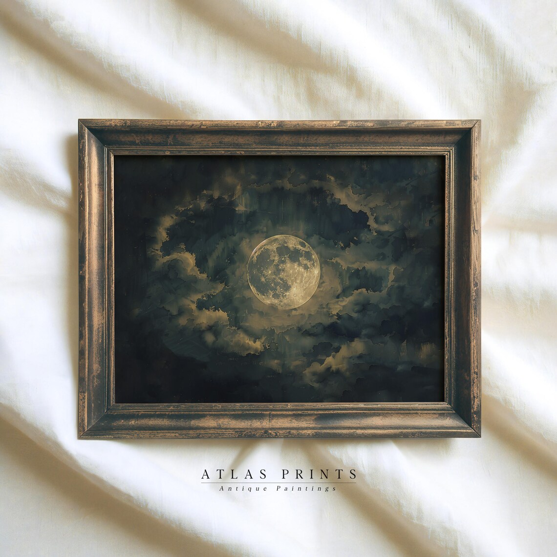 Vintage Full Moon Cloudy Night Sky Painting Dark Moody Halloween Poster - Image 4