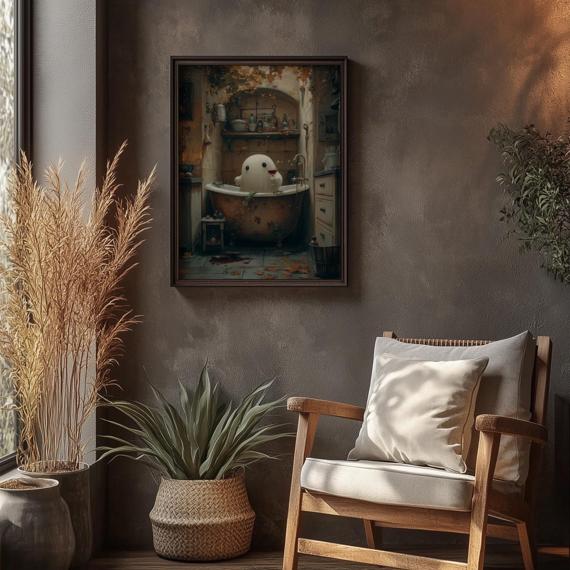 Cute Ghost In Rustic Bathroom Wine Glass Dark Academia Wall Art - Image 2