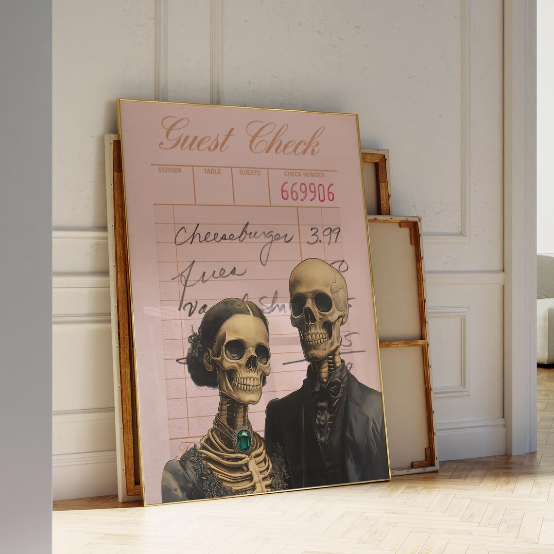 Spooky Skeleton Couple Vintage Guest Check Pink Halloween Dinner Poster - Image 4