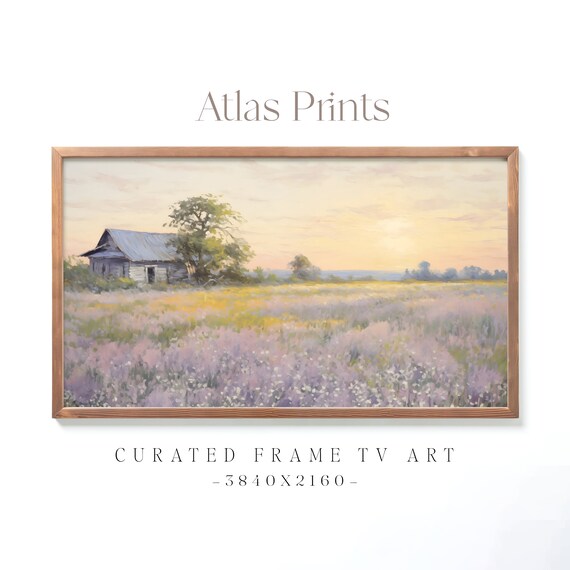 Rustic Barn Beside Tree In Lavender Wildflower Meadow Sunset Painting Poster
