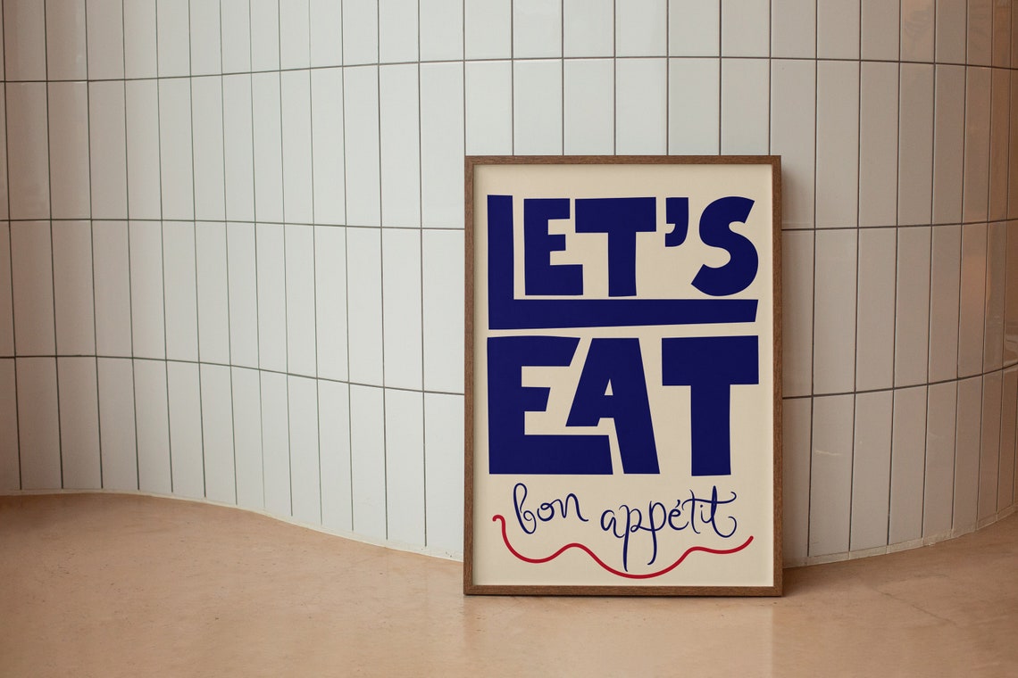 Let's Eat Bon Appetit Kitchen Typography Retro Dining Room Poster