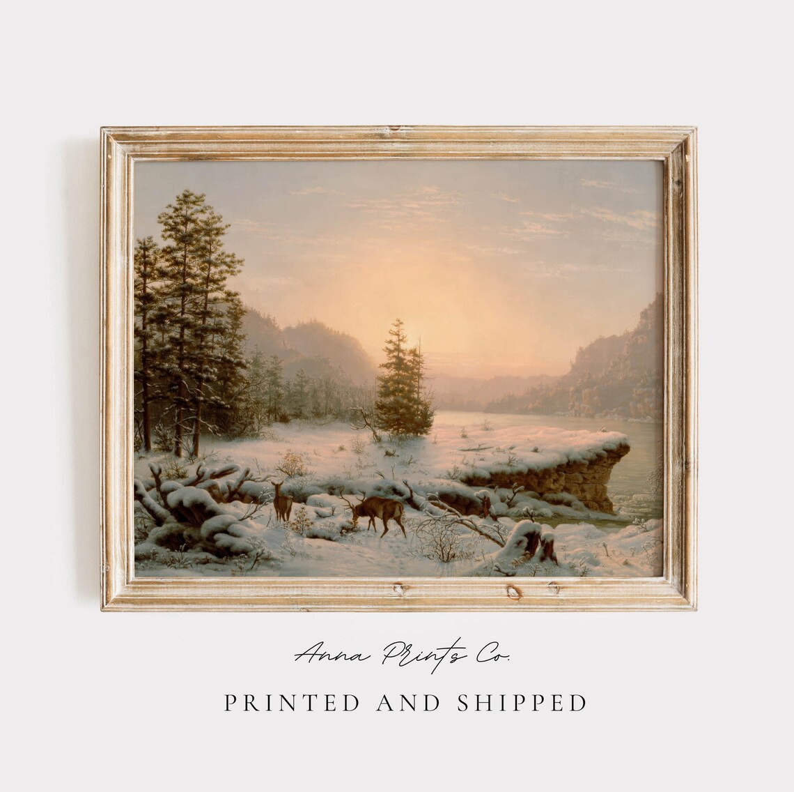 Winter Sunset Deer By A Frozen Lake Snowy Pines Vintage Art Print
