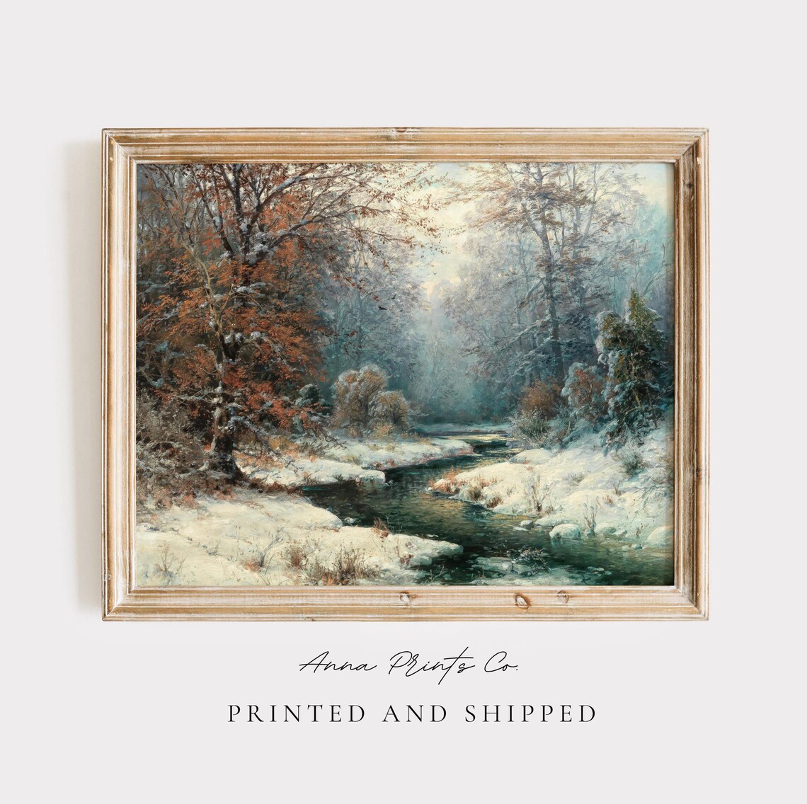 Snowy Forest Stream Winter Woodland Landscape Vintage Christmas Print