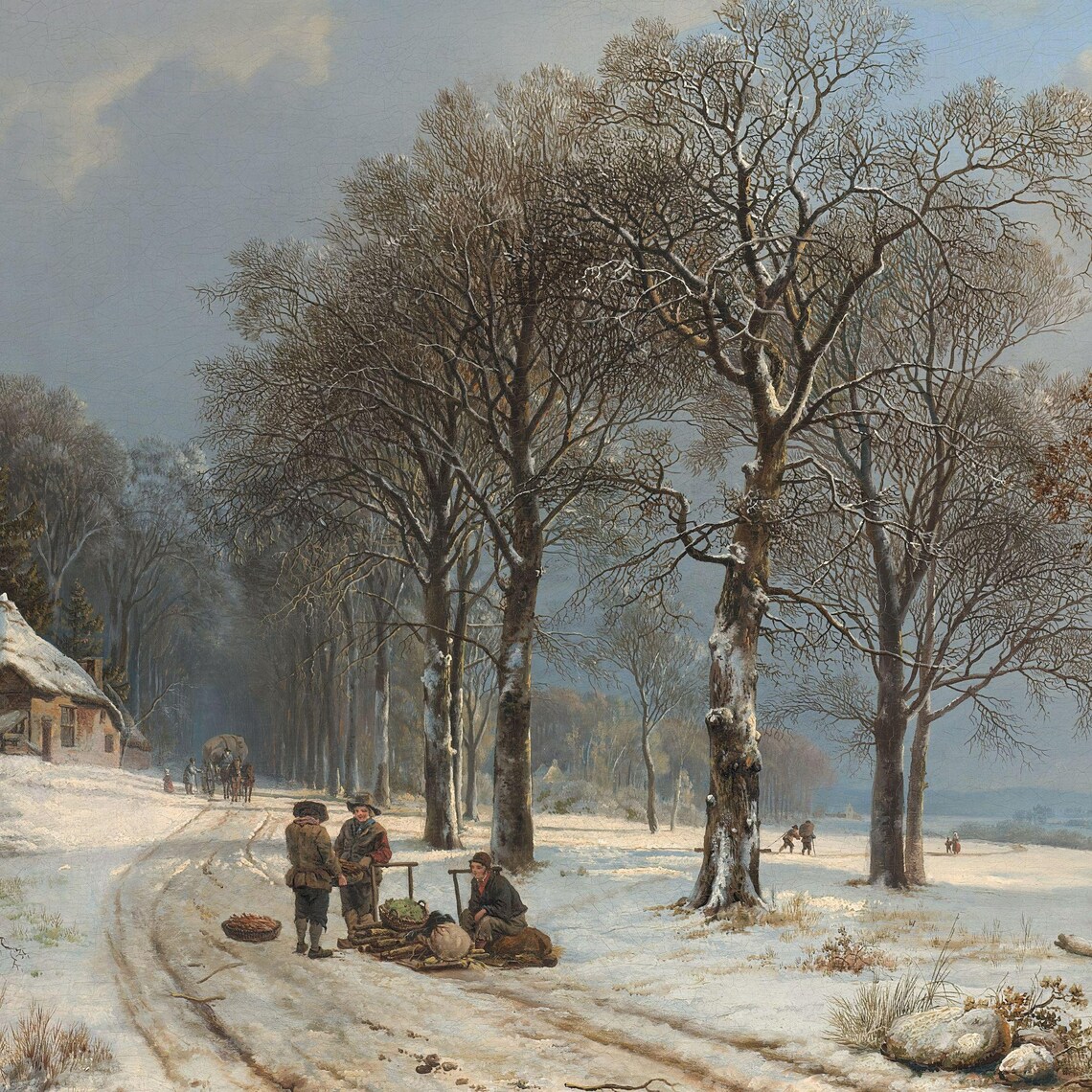 Snowy Forest Road With Travelers And Cottage Antique Winter Art Print - Image 2