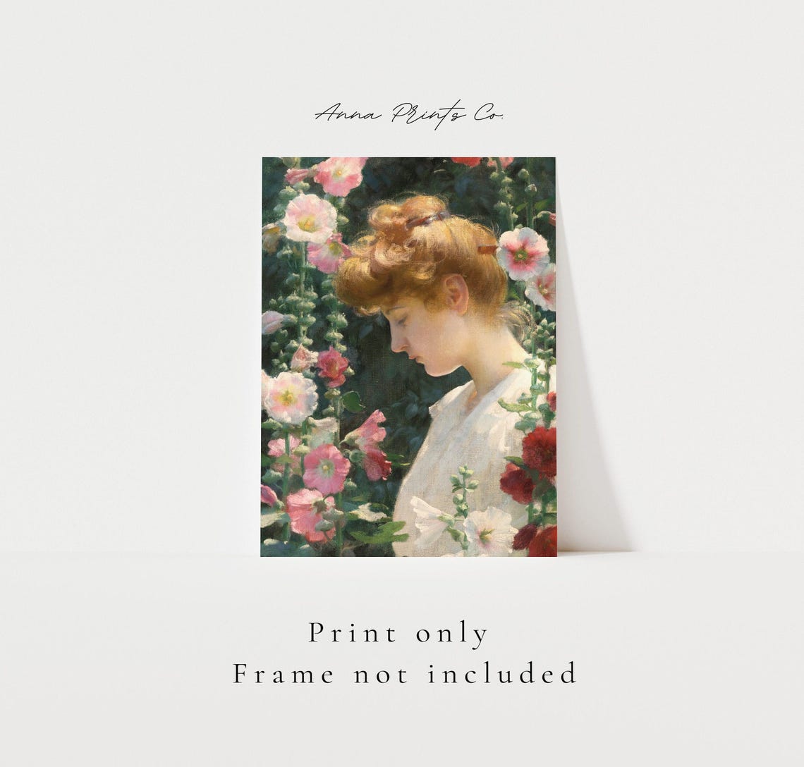 Woman Among Hollyhock Flowers Vintage Painting Print Garden Wall Art - Image 3