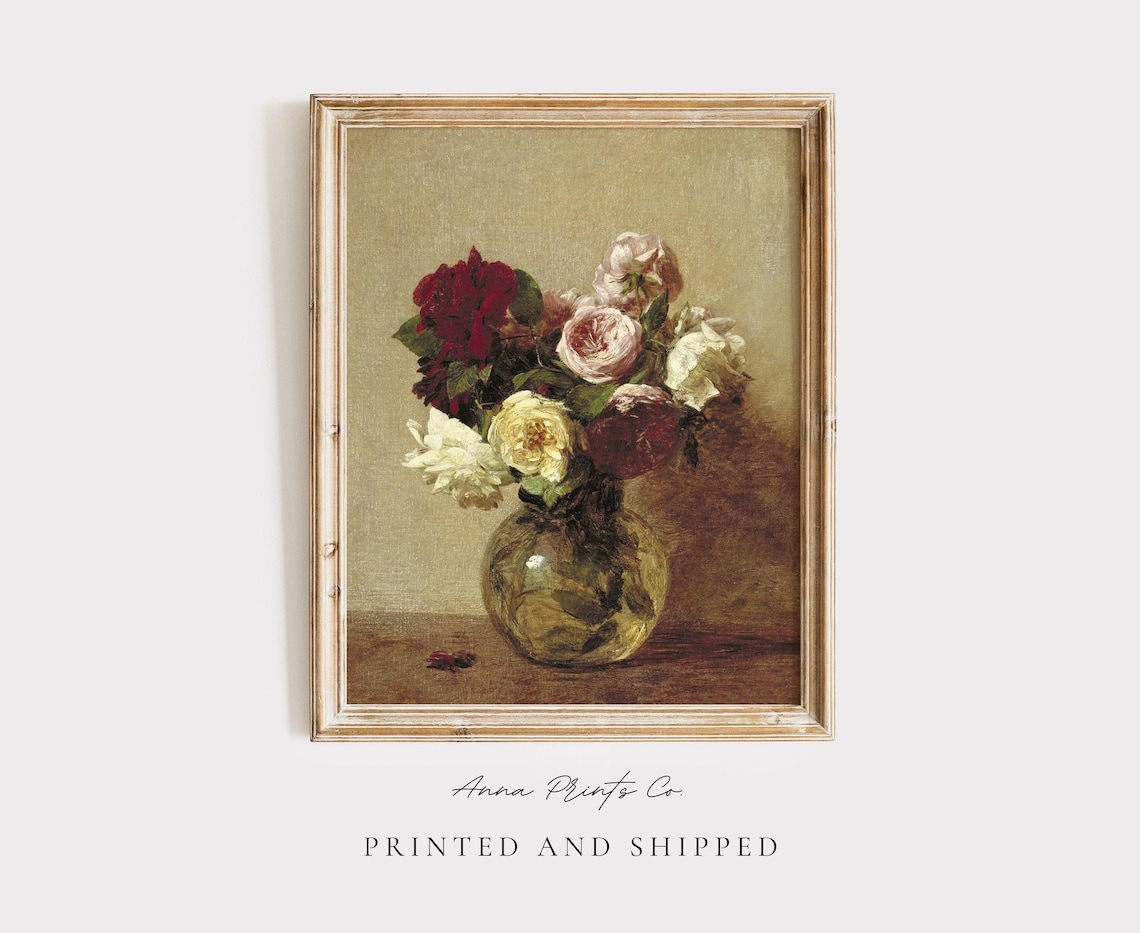 Antique Roses In A Glass Vase Still Life Vintage Floral Wall Print